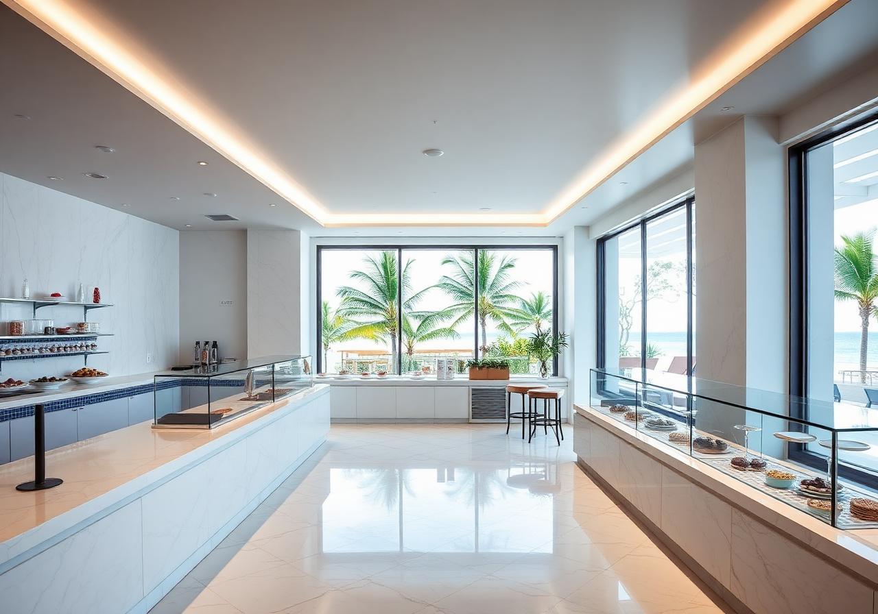 Interior minimalista de boutique de postres en Cancún con mármol y ventanales