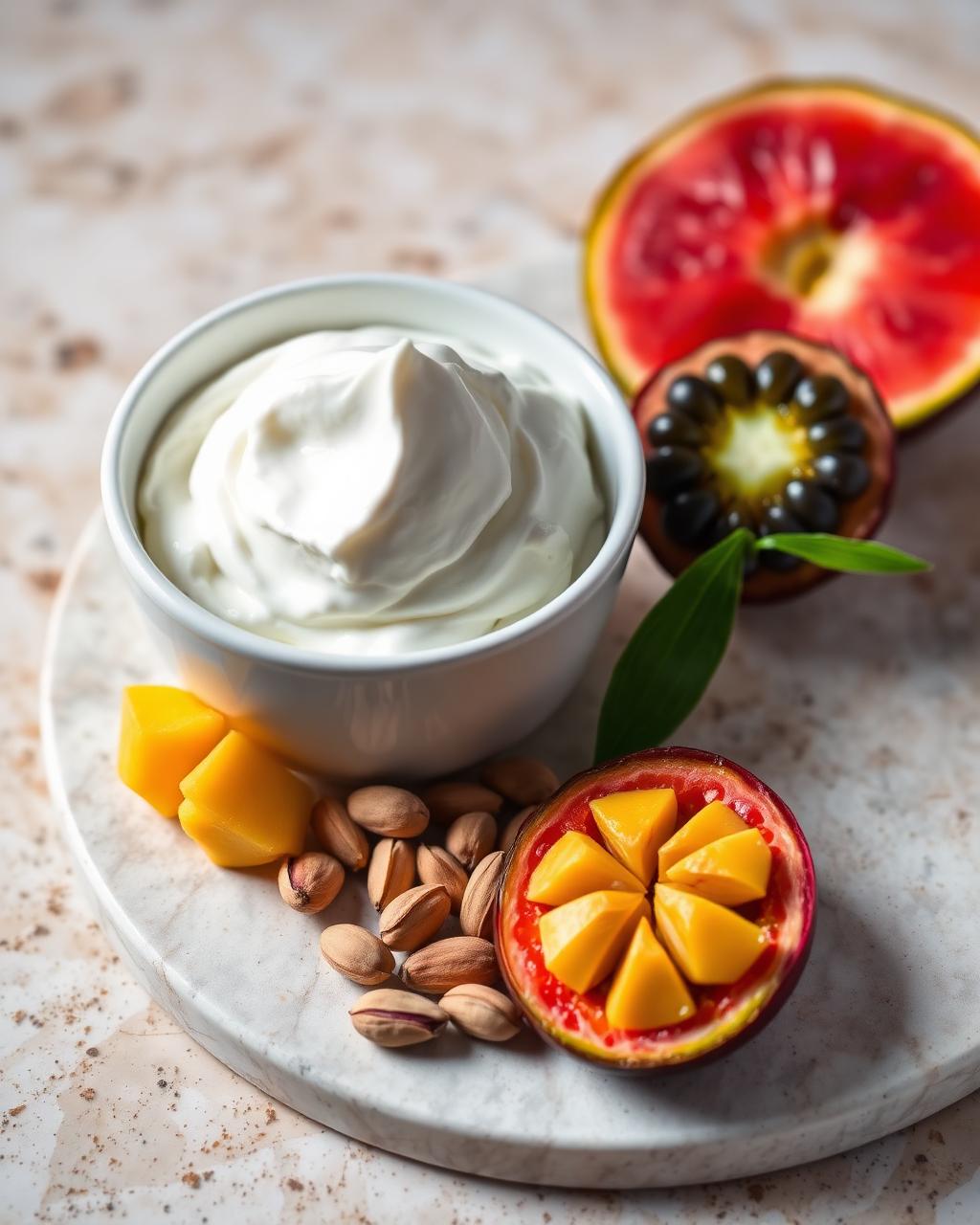 Pistache iraní y fruta tropical fresca junto a yogurt griego sobre travertino