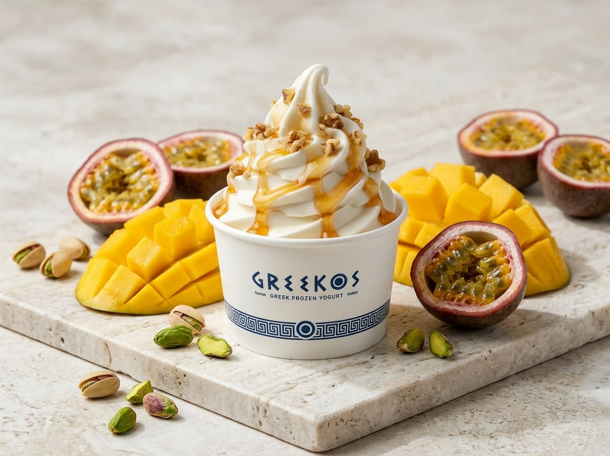 Pistache iraní y fruta tropical fresca junto a yogurt griego sobre travertino